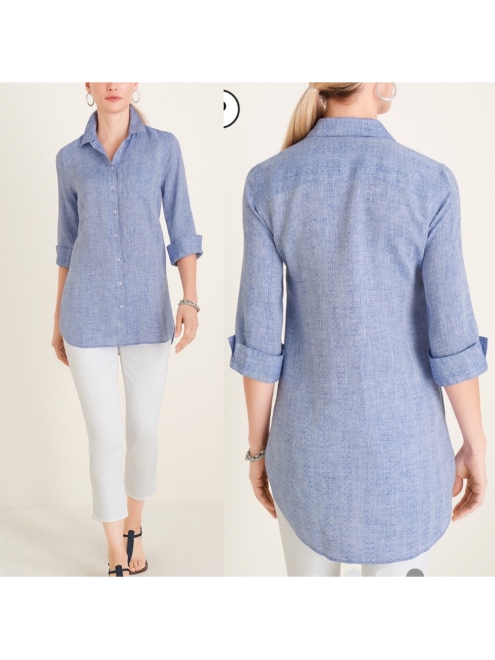 Chicos no iron linen hi low shirttail hem tunic shirt blouse chambray size 20-22